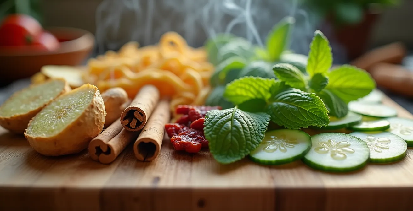 Composition artistique d'aliments chauds et froids disposés en symbole yin-yang naturel