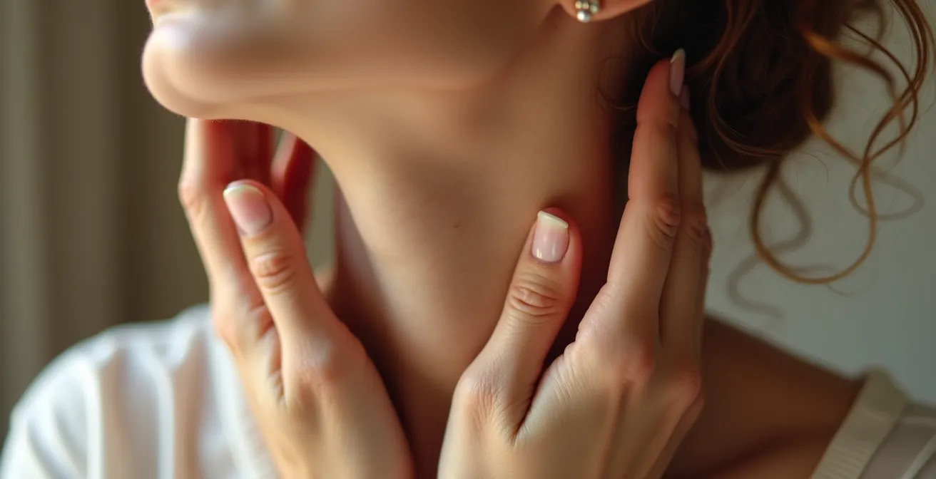 Gros plan macro sur des mains effectuant un auto-massage du cou pour stimuler le nerf vague