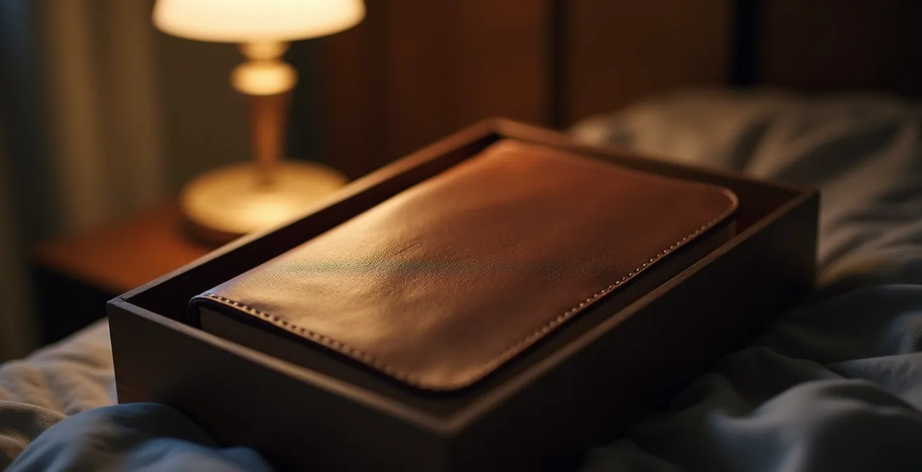 Carnet fermé sur une table de nuit, éclairé par la lumière douce d'une lampe, symbolisant la technique du parking à pensées.