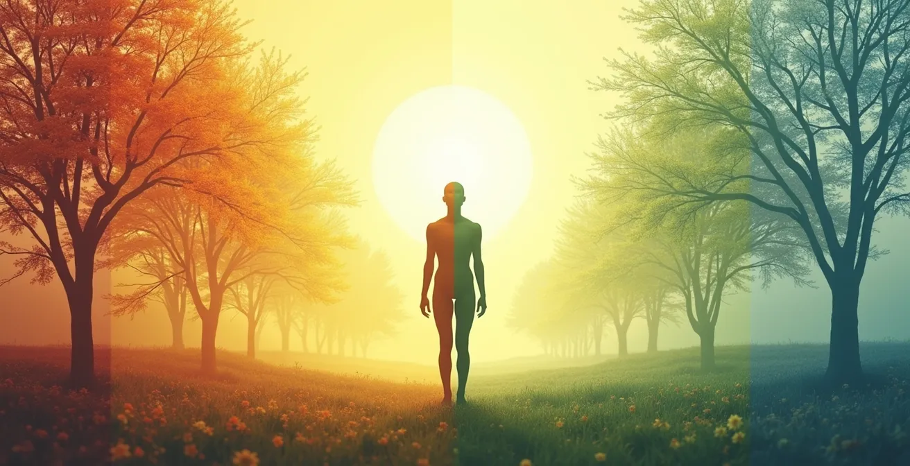 Silhouette humaine avec les 12 méridiens principaux représentés par des lignes lumineuses colorées selon les 5 éléments