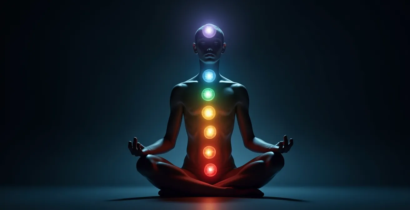 Silhouette humaine avec les sept centres énergétiques lumineux alignés le long de la colonne vertébrale