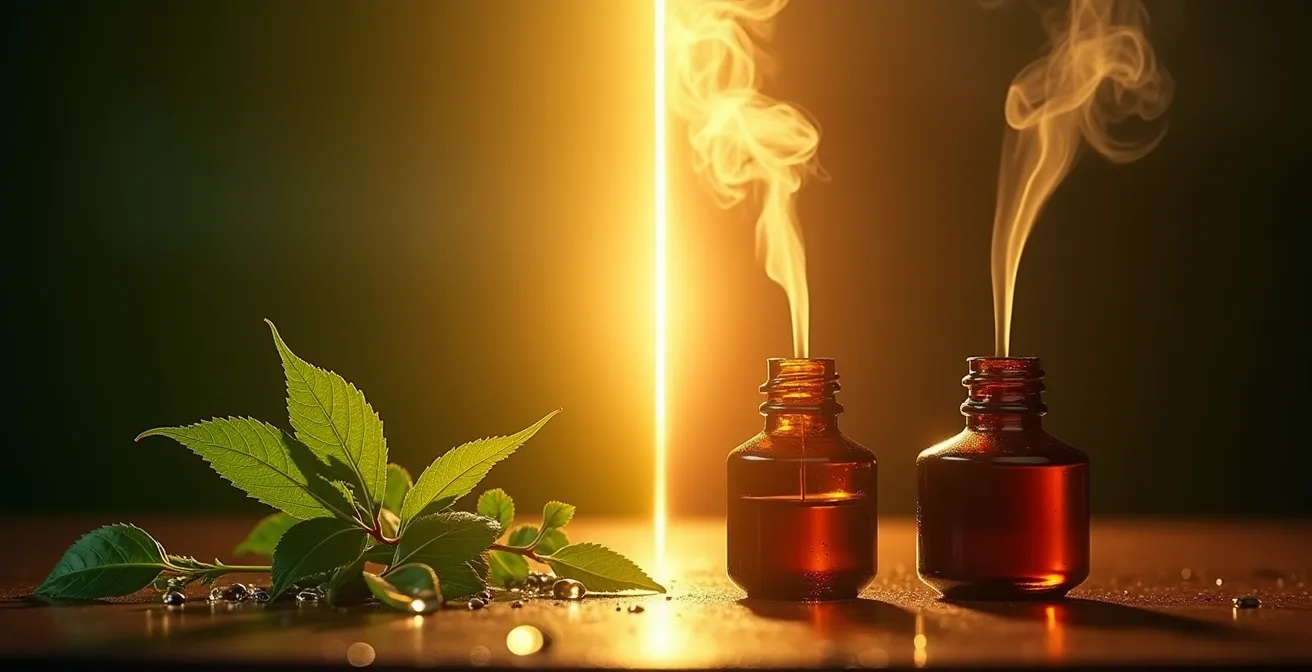 Représentation symbolique des différences moléculaires entre phytothérapie et aromathérapie, montrant des molécules lourdes dans l'eau et des molécules volatiles dans l'air.