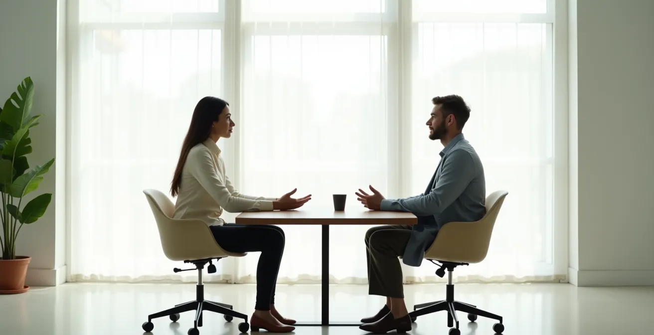 Deux personnes assises face à face dans un environnement apaisant, engagées dans une discussion sérieuse mais bienveillante