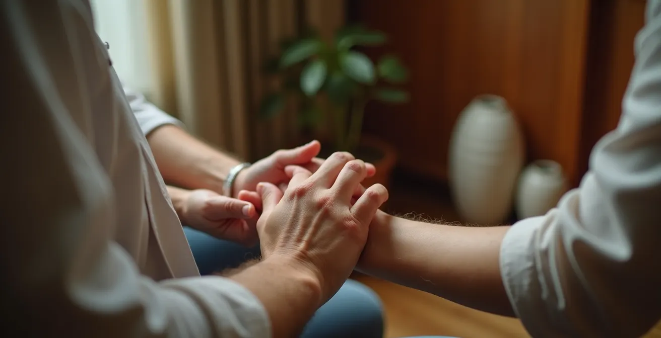 Praticien ayurvédique effectuant un diagnostic traditionnel par la prise du pouls