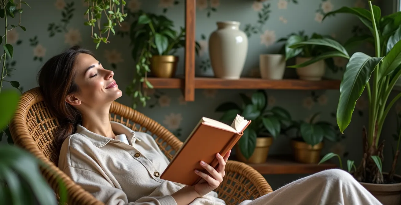Coin lecture avec fauteuil entouré de plantes vertes et lumière filtrée