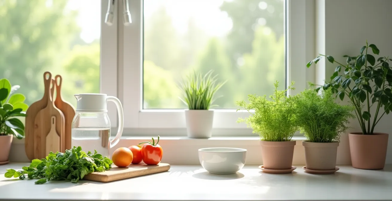 Cuisine épurée avec aliments biologiques et plantes vertes symbolisant la détoxification naturelle