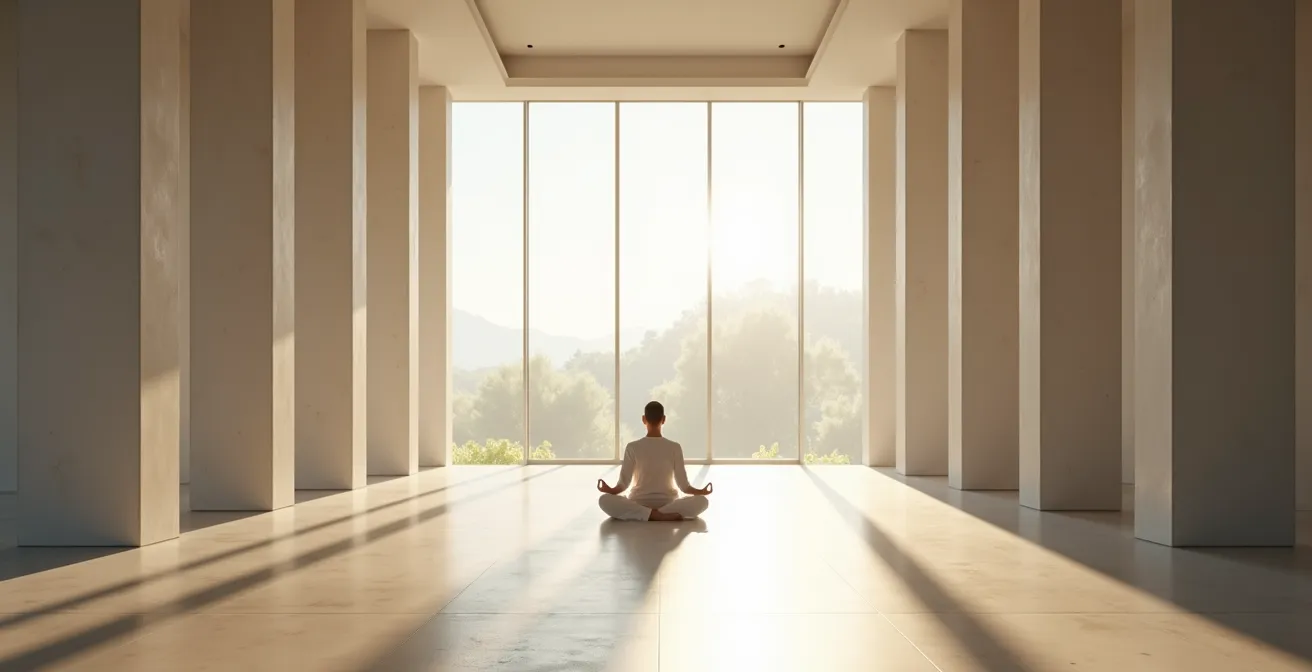 Pratiquant en position de méditation dans un espace épuré et lumineux