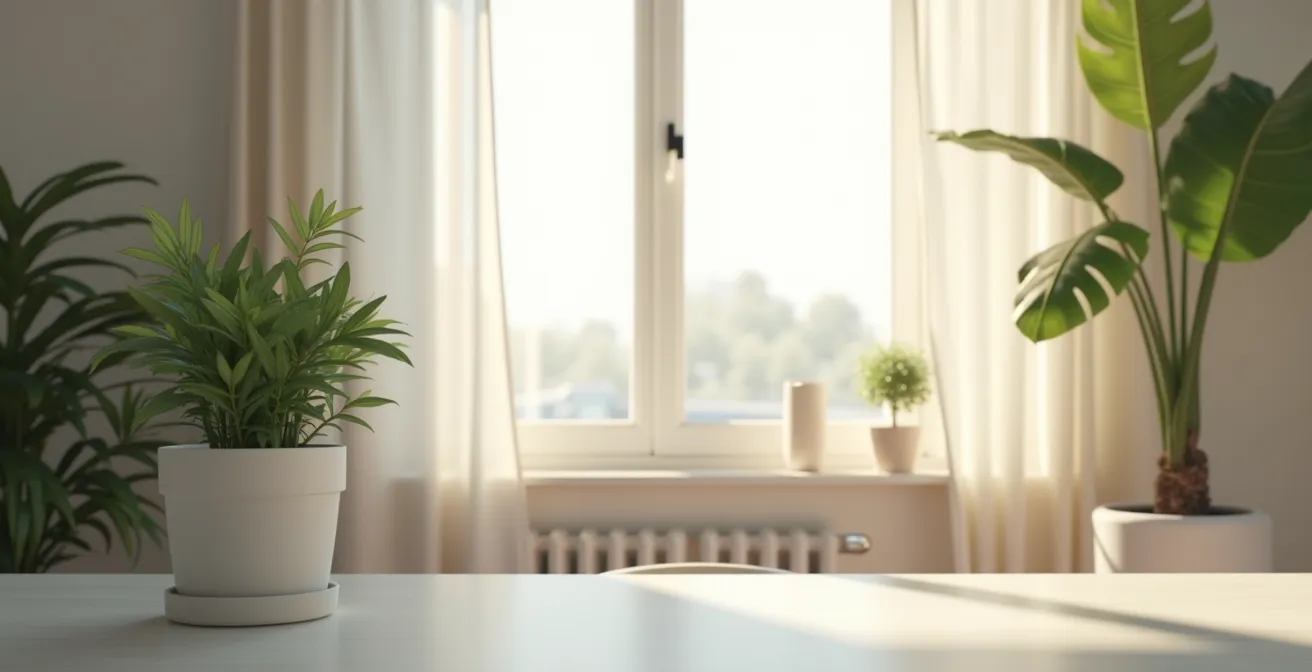 Un espace de travail épuré et calme avec des plantes vertes, symbolisant un environnement protégé et serein