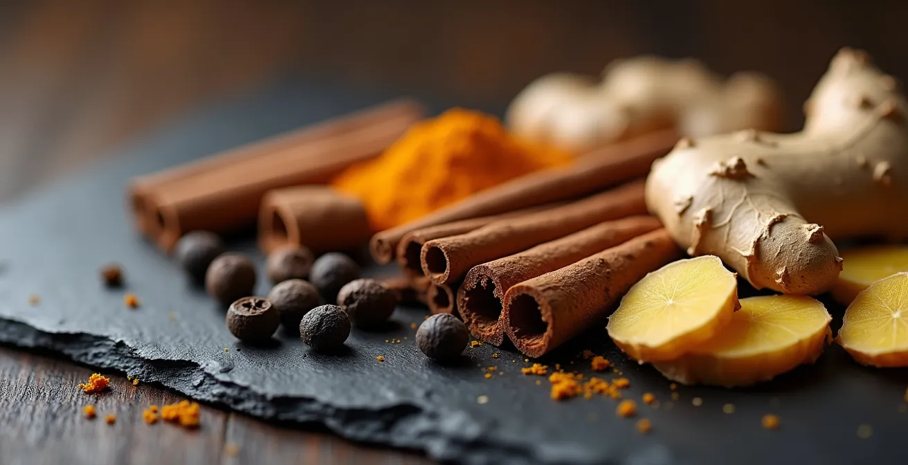Gros plan sur les épices chauffantes pour stimuler le métabolisme Kapha