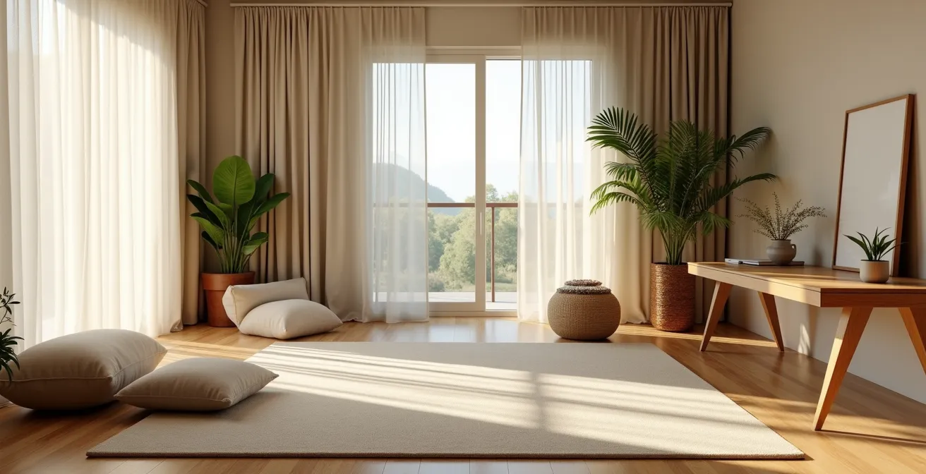 Scène minimaliste représentant l'équilibre des trois doshas dans un environnement quotidien harmonieux