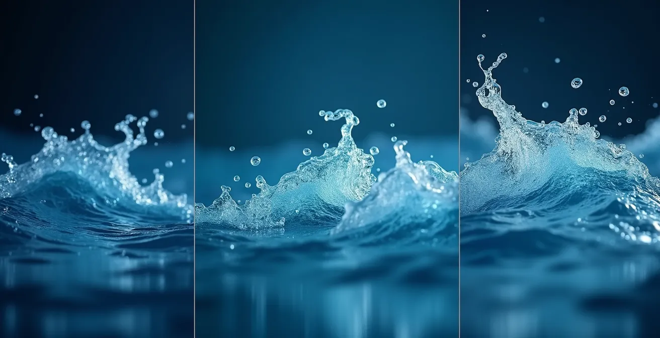 Trois vagues croissantes en macro avec textures d'eau différentes