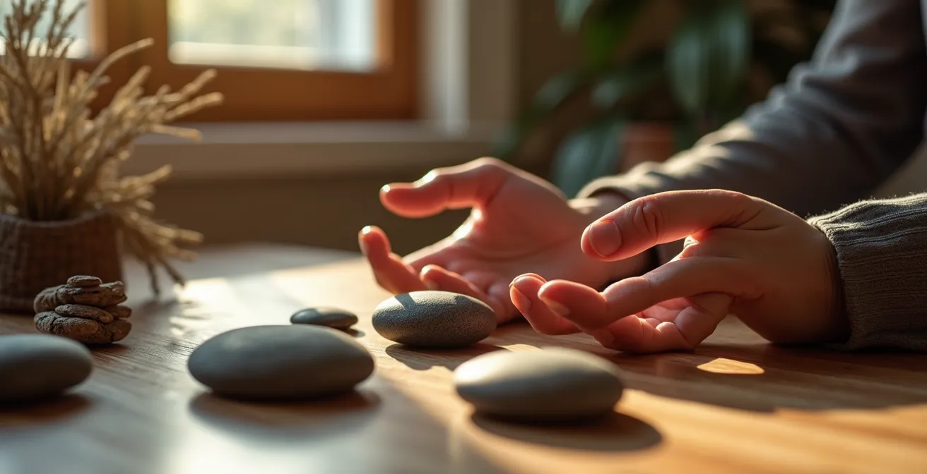 Espace de méditation minimaliste avec éléments naturels et lumière douce