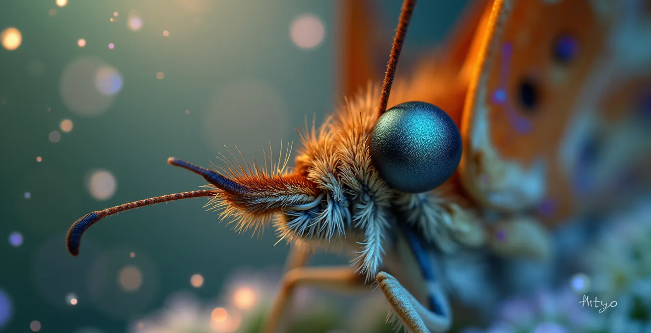 Macro d'une antenne papillon captant des particules lumineuses représentant les émotions subtiles