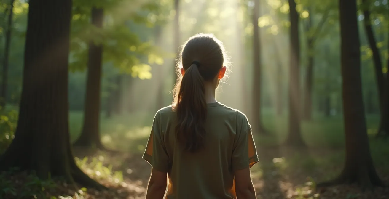 Personne pratiquant un bain de forêt, entourée d'arbres majestueux avec lumière filtrée