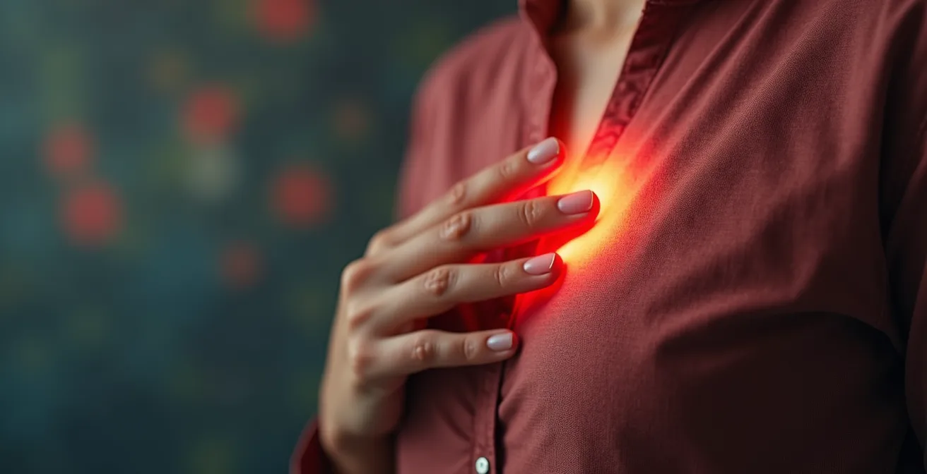 Gros plan sur une main posée sur le cœur, capturant le moment de perception du rythme cardiaque