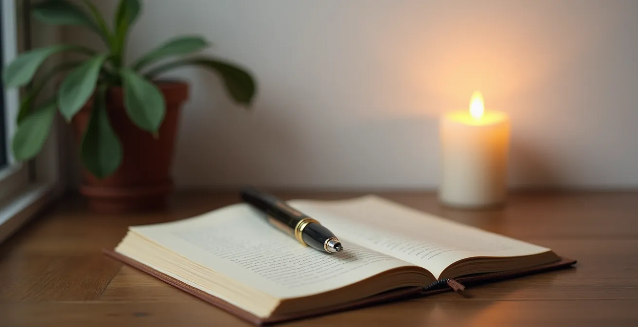 Journal ouvert avec une plume posée délicatement, éclairé par une bougie dans une ambiance apaisante
