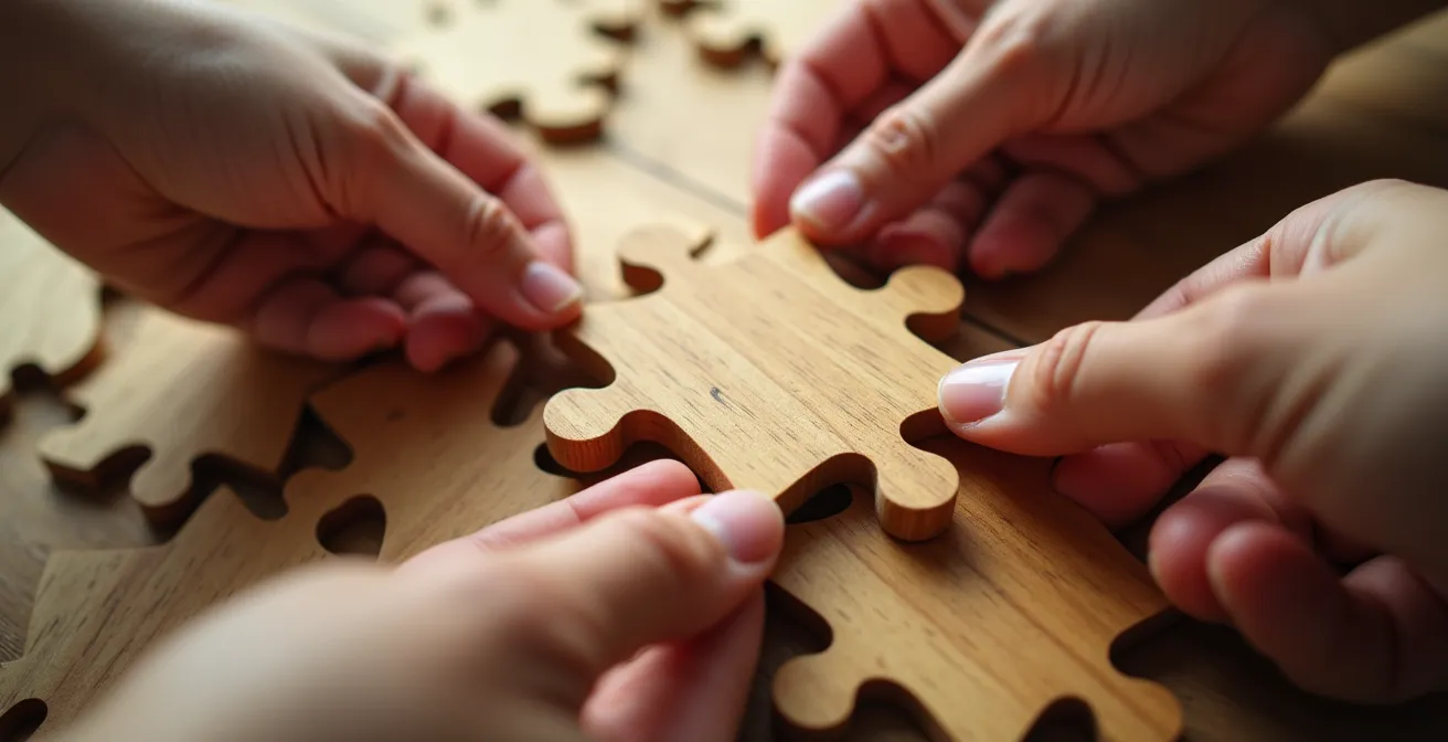 Plusieurs mains assemblant ensemble les pièces d'un puzzle en bois, symbolisant la construction collective de la résilience