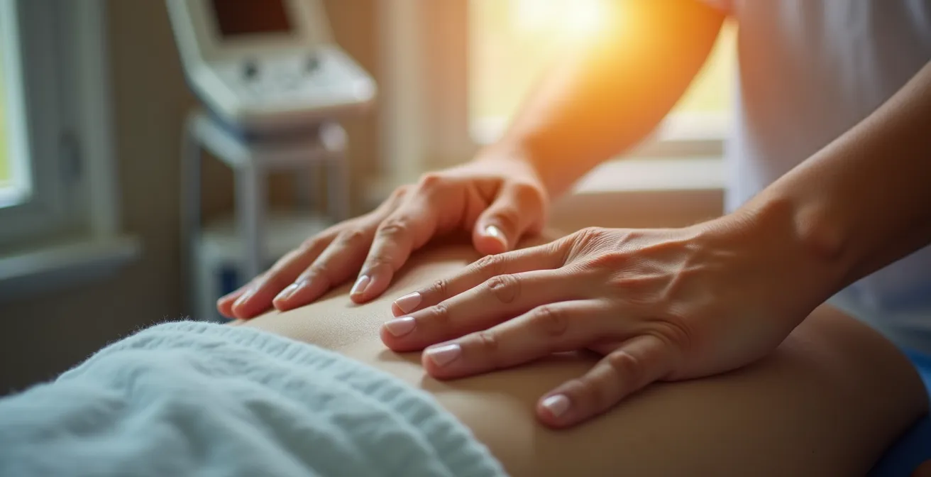 Gros plan sur des mains de thérapeute pratiquant un soin énergétique avec lumière douce