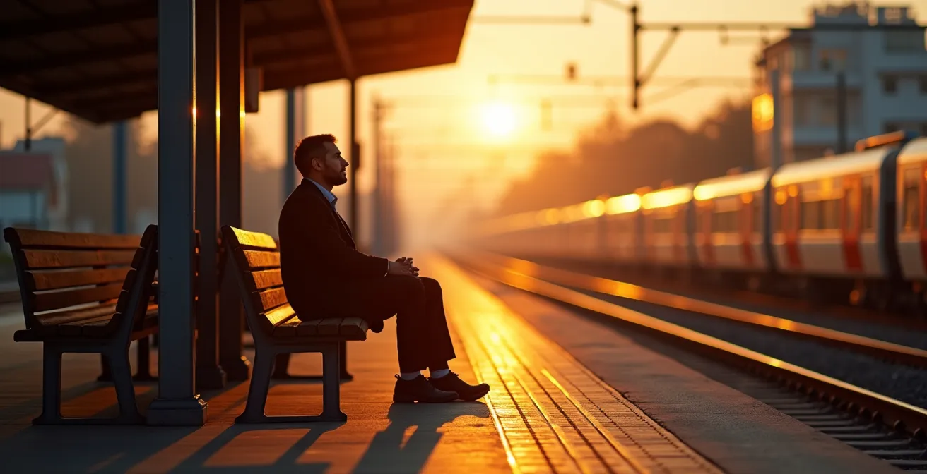 Vue paisible d'un quai de gare au lever du soleil avec une personne assise sur un banc