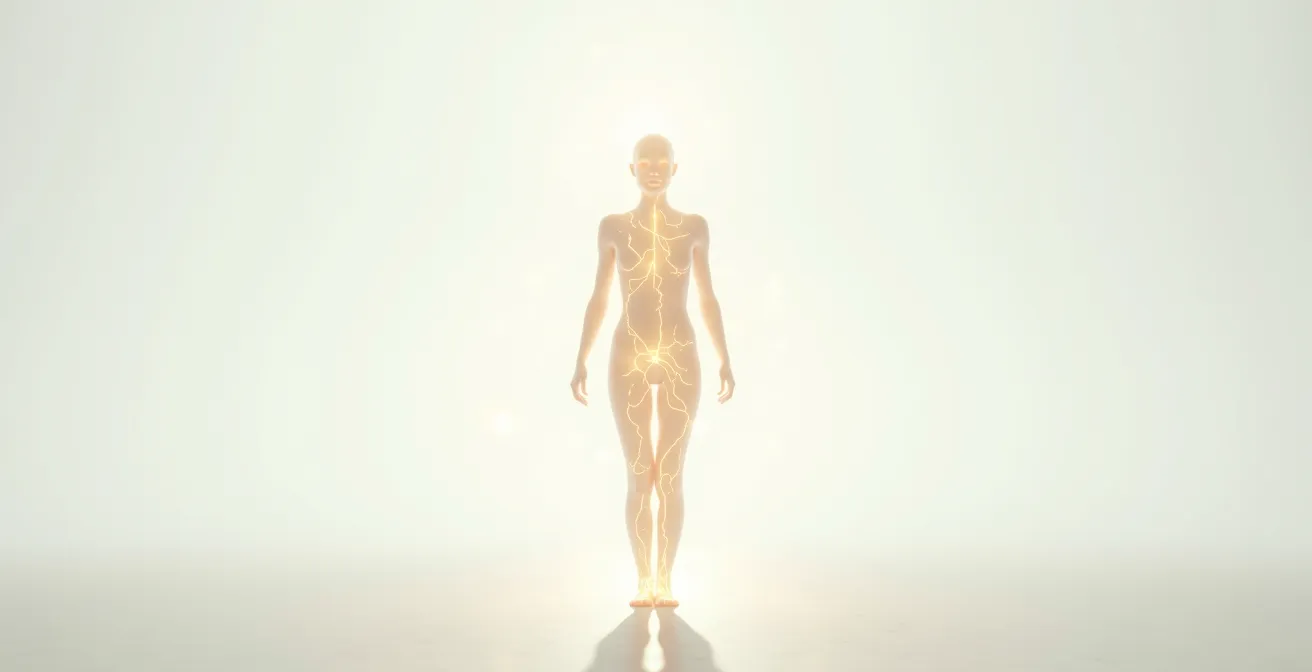 Silhouette humaine translucide avec lignes de méridiens lumineux visibles