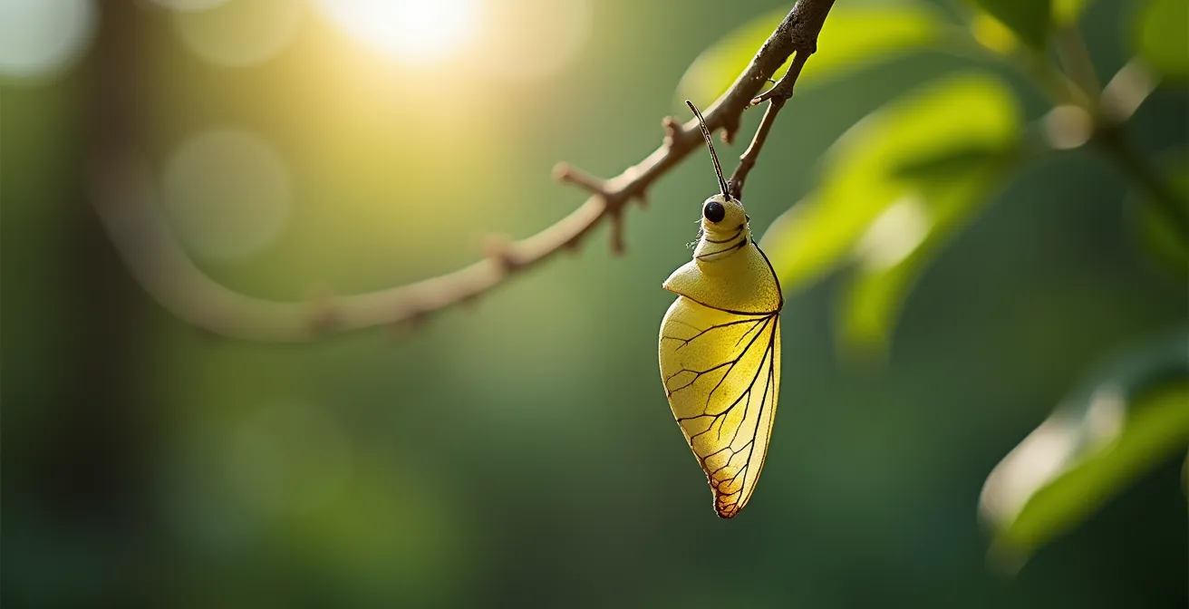 Chrysalide en transformation vers papillon symbolisant la croissance post-traumatique