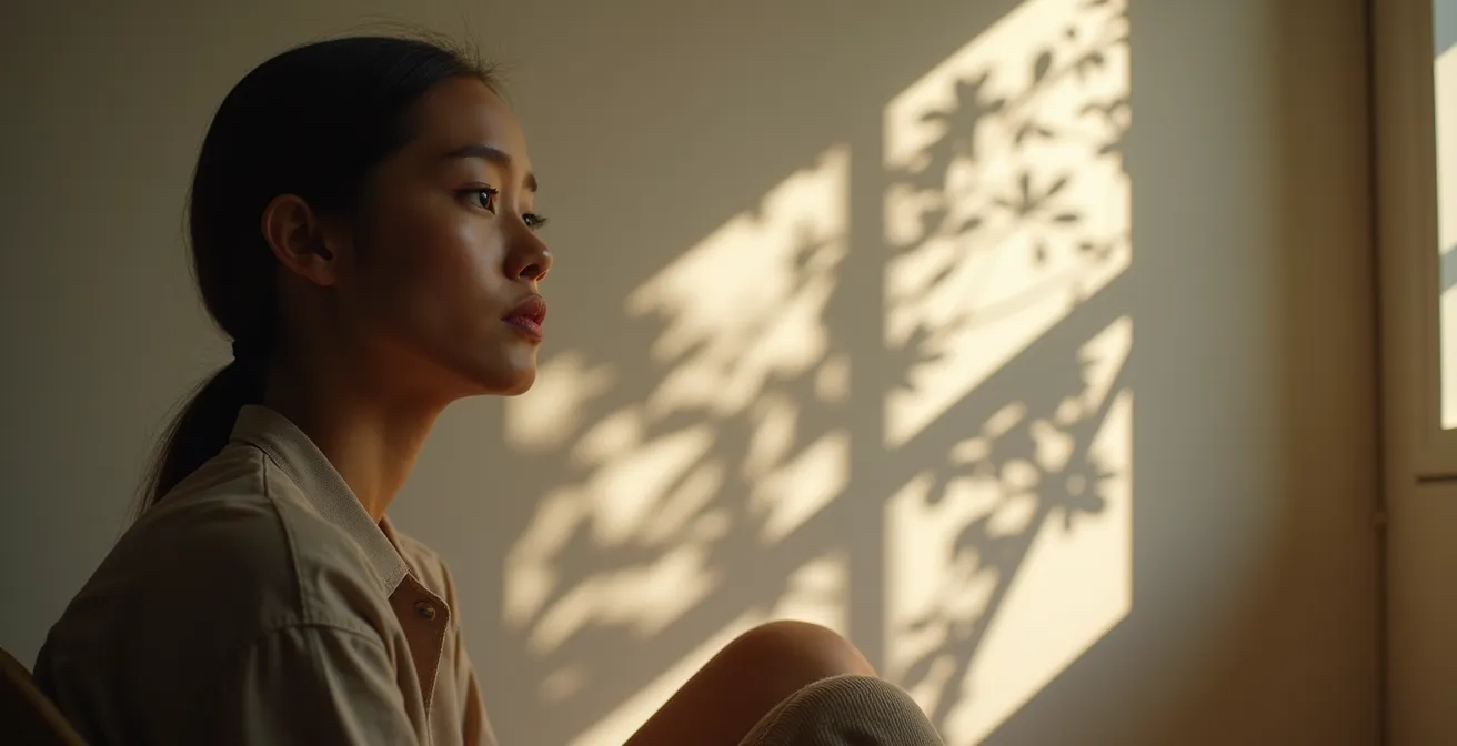 Personne assise de profil, observant calmement des ombres projetées sur un mur, illustrant le concept de l'observateur silencieux.