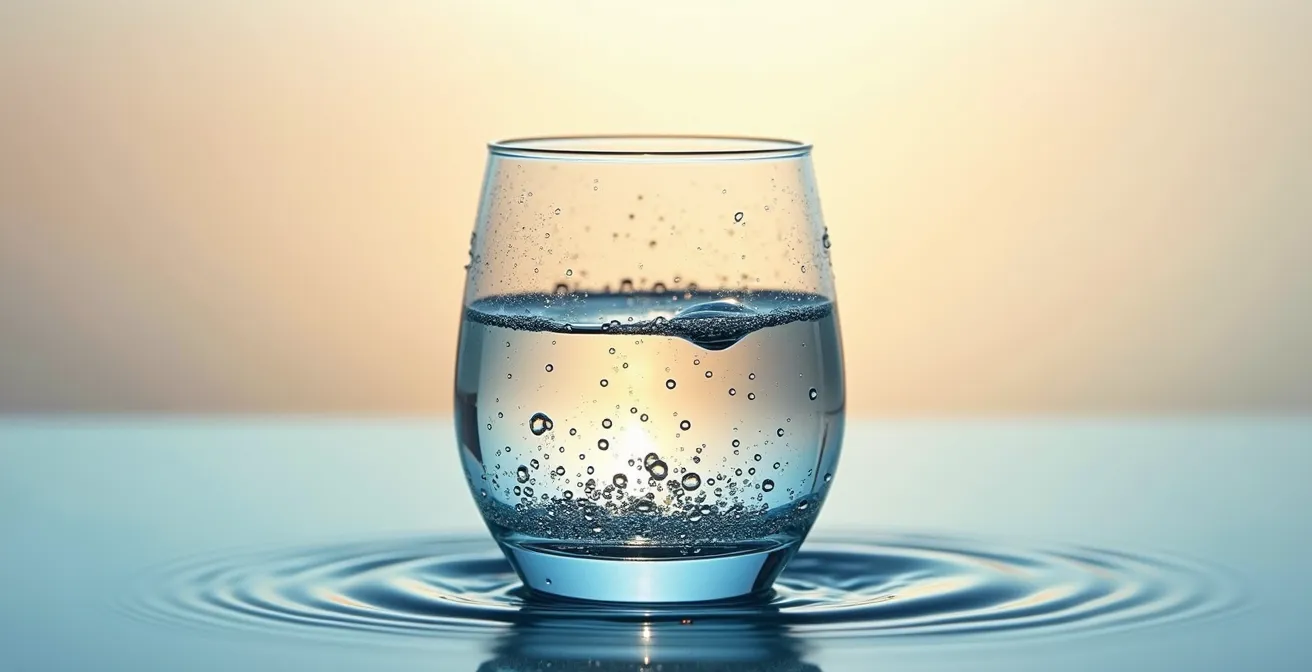 Verre d'eau à moitié plein photographié avec une lumière douce symbolisant l'optimisme réaliste