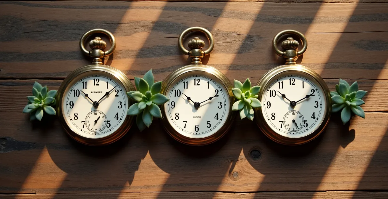 Composition symbolique montrant trois horloges avec des vagues respiratoires représentant les trois sessions quotidiennes de cohérence cardiaque