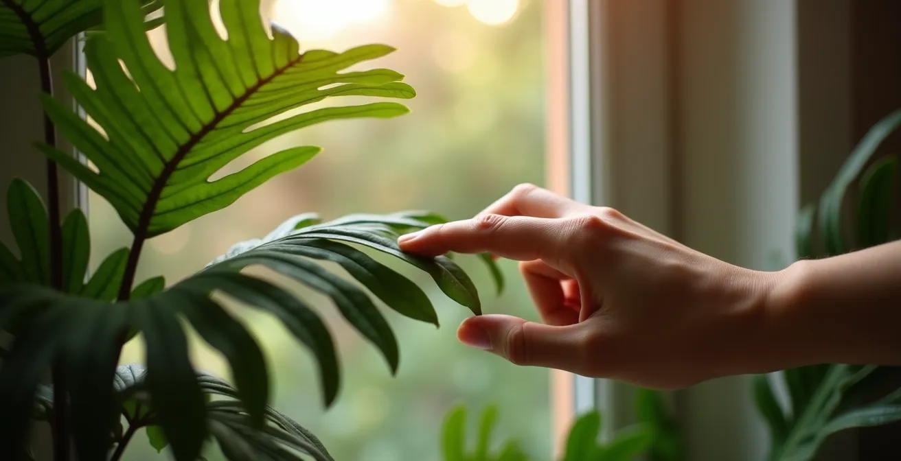 Main touchant délicatement les feuilles d'une plante d'intérieur avec lumière naturelle douce