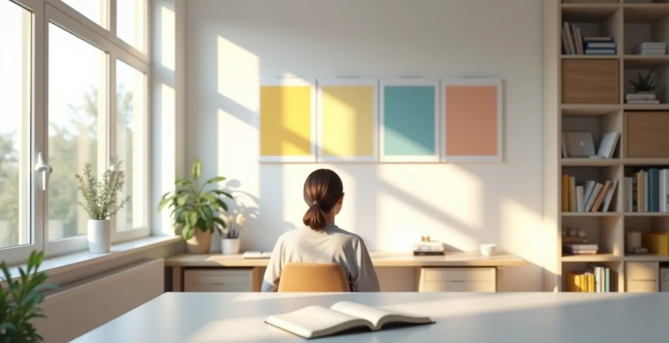 Bureau épuré avec des blocs de temps colorés et une personne concentrée sur une tâche unique