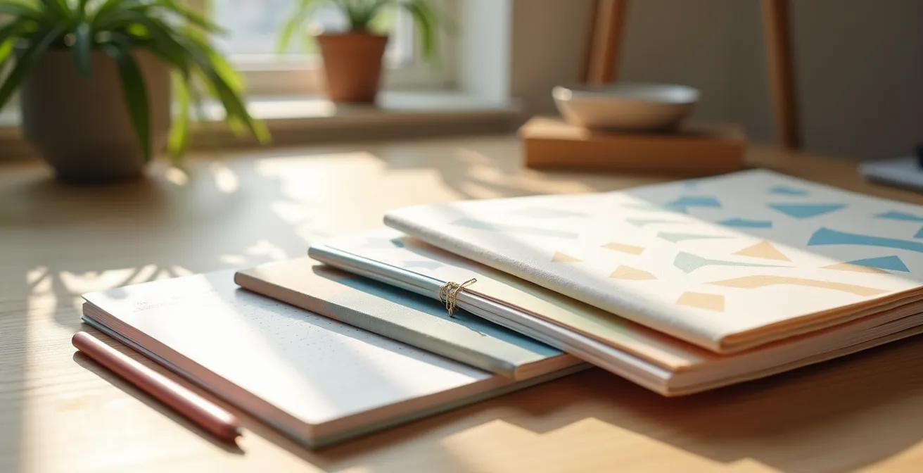 Bureau minimaliste avec carnets organisés et planning structuré