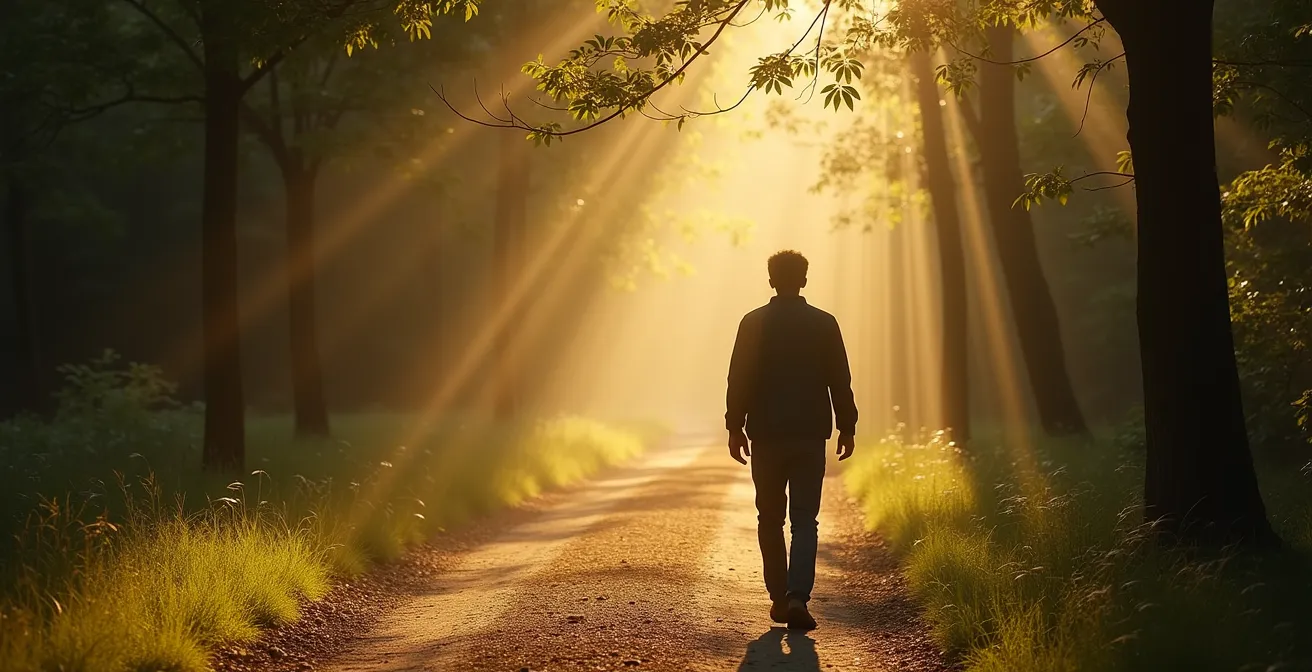 Silhouette d'une personne marchant seule sur un sentier forestier baigné de lumière dorée