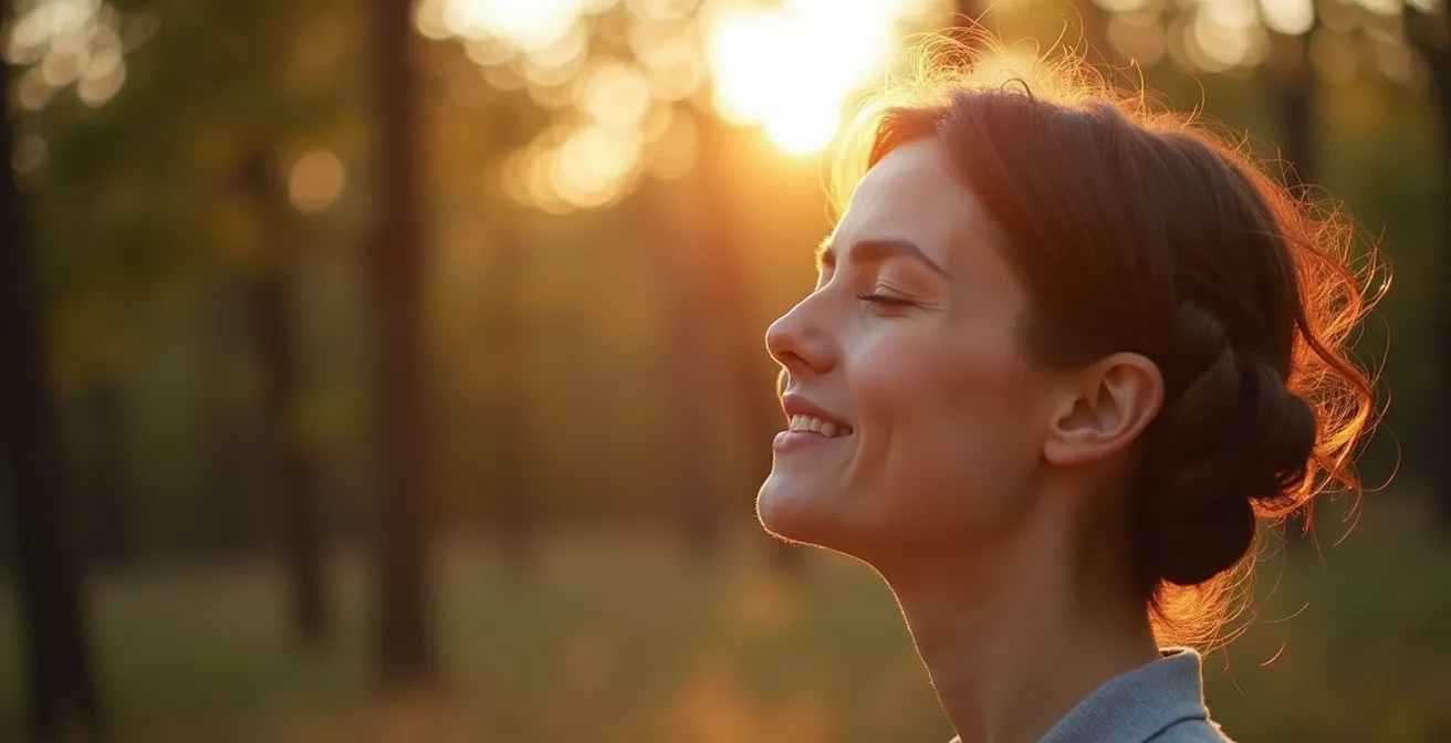 Portrait d'une personne pratiquant le soupir physiologique dans un environnement naturel apaisant