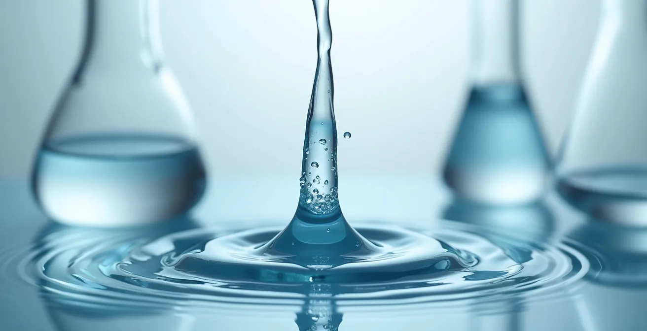 Vue macro du processus de dilution homéopathique avec gouttes d'eau et cristaux