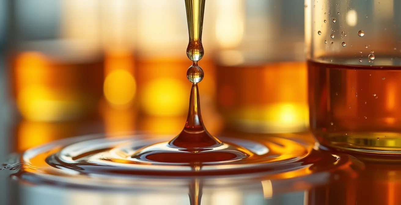 Vue macro détaillée du processus de dilution avec flacons et pipettes en laboratoire