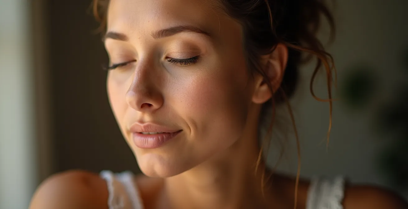 Portrait serein d'une personne aux yeux fermés avec jeu de lumière symbolisant la force intérieure