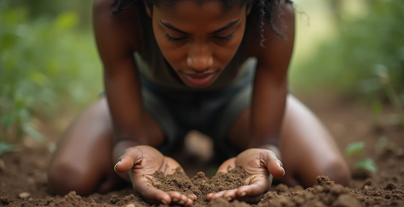 Personne se relevant après une chute, mains dans la terre, regard déterminé vers l'avant
