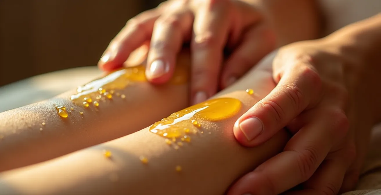 Mains pratiquant l'auto-massage ayurvédique avec de l'huile dorée sur les avant-bras dans une lumière matinale douce