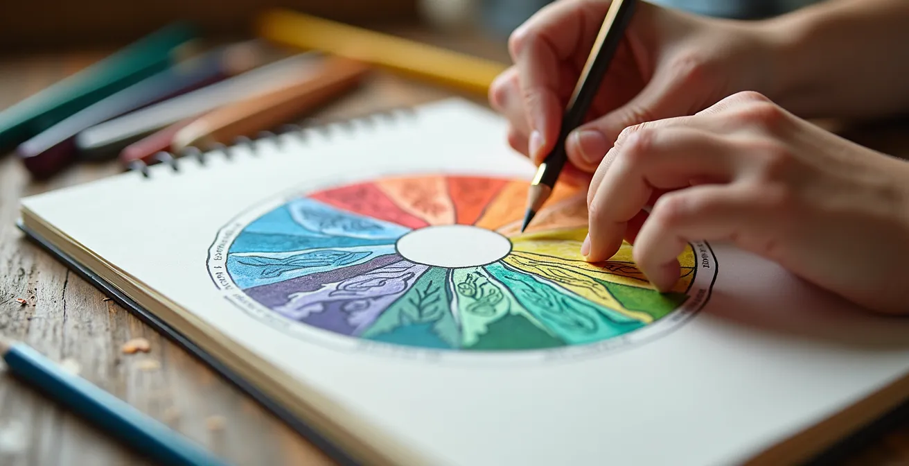 Personne dessinant une roue de la vie colorée dans un carnet avec matériel créatif