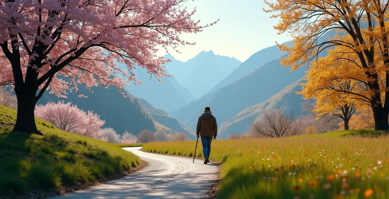 Paysage montrant quatre saisons simultanées représentant les cycles de vie