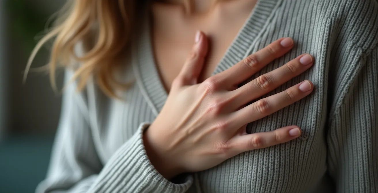 Vue rapprochée d'une main posée sur le cœur, geste d'écoute intérieure