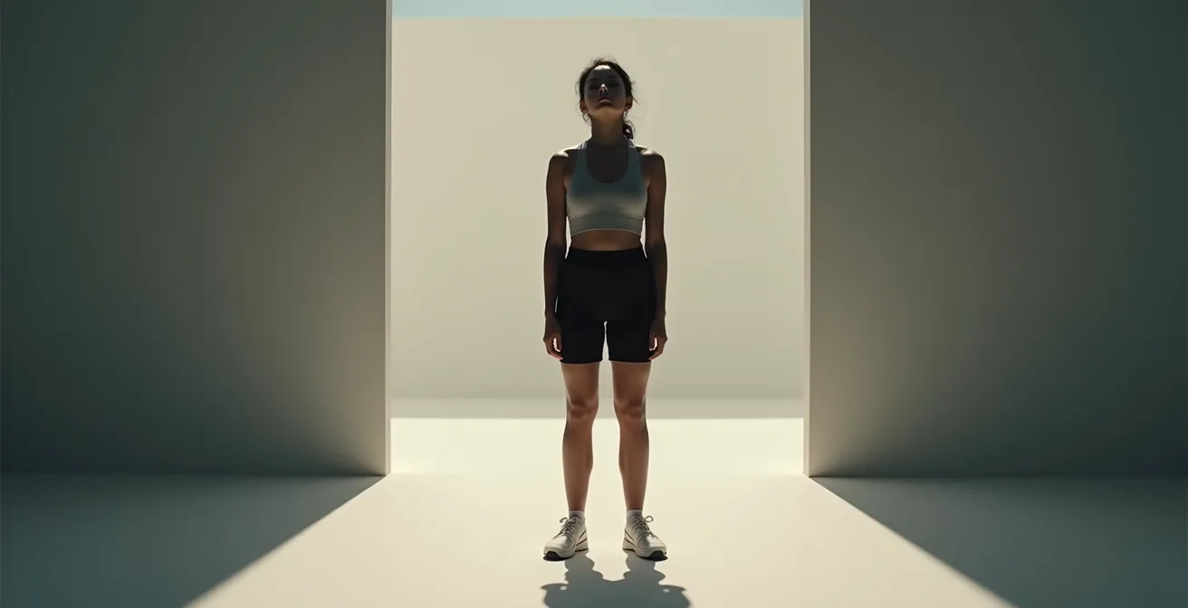 Personne pratiquant la relaxation dynamique sophrologique, debout les yeux fermés dans une posture détendue