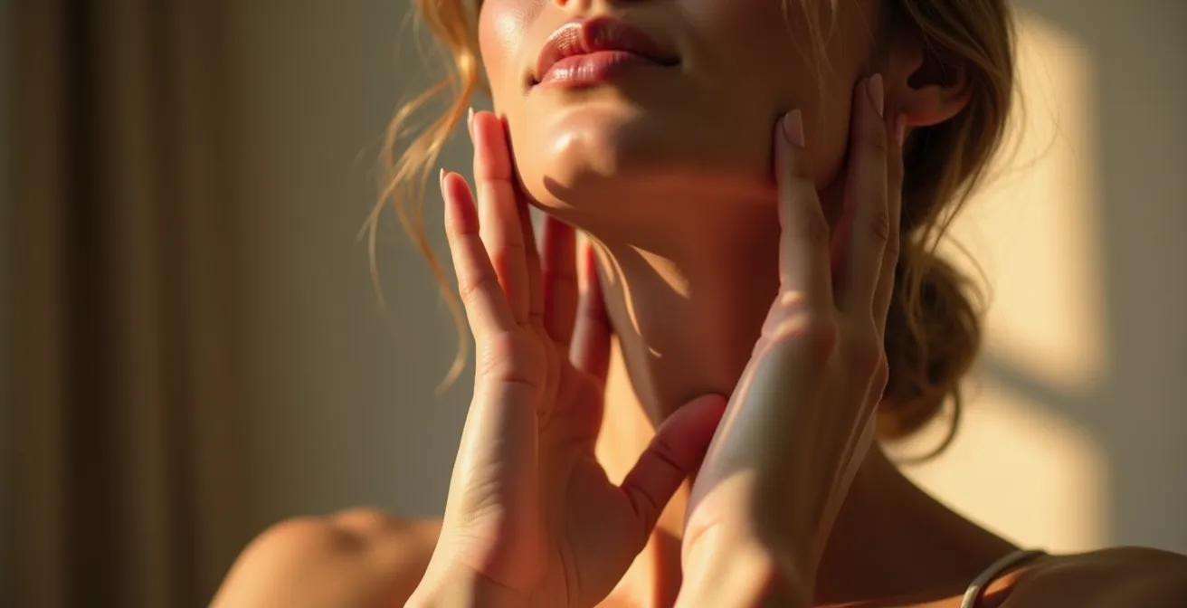 Gros plan sur une main massant doucement le cou, illustrant la stimulation du nerf vague