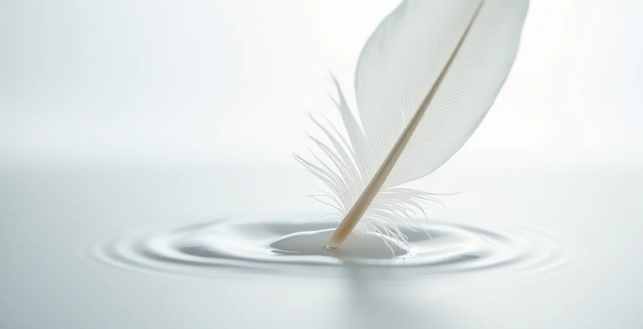 Vue macro d'une plume délicate touchée par une goutte d'eau créant des ondulations
