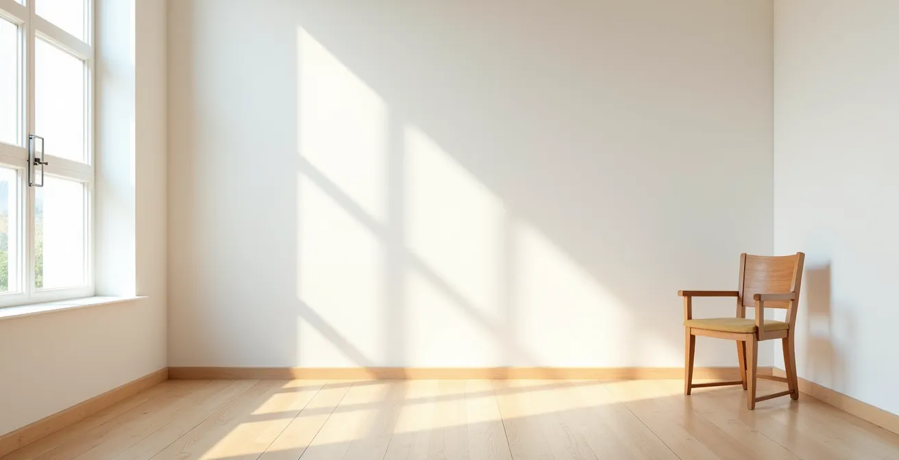 Espace épuré avec une chaise vide dans une pièce lumineuse symbolisant le vide intérieur