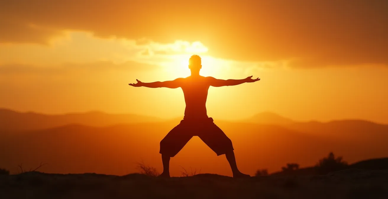 Silhouette en posture du guerrier face à un horizon ouvert