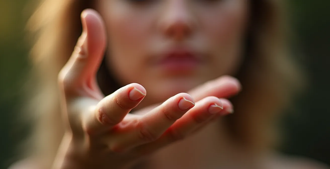 Gros plan sur des mains en position de mudra avec une texture de peau naturelle visible