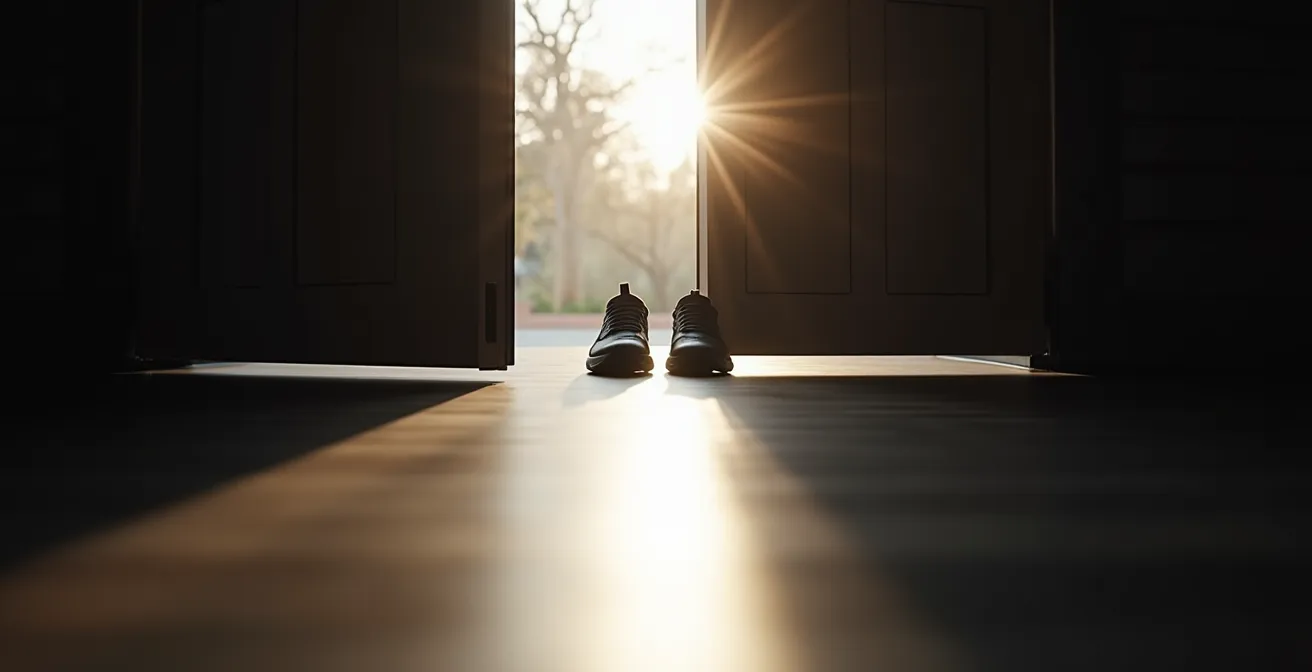 Gros plan sur des chaussures de marche au seuil d'une porte ouverte vers l'extérieur