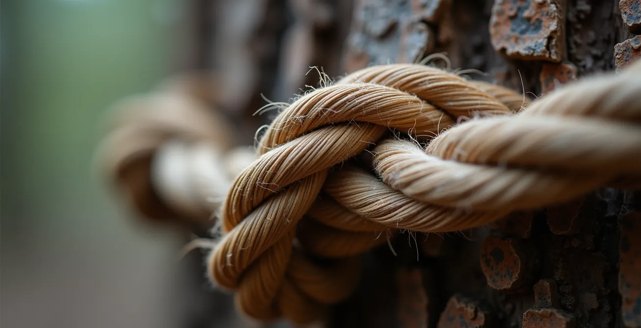 Image macro de fibres de corde très tendues, illustrant la tension corporelle liée aux émotions non exprimées.