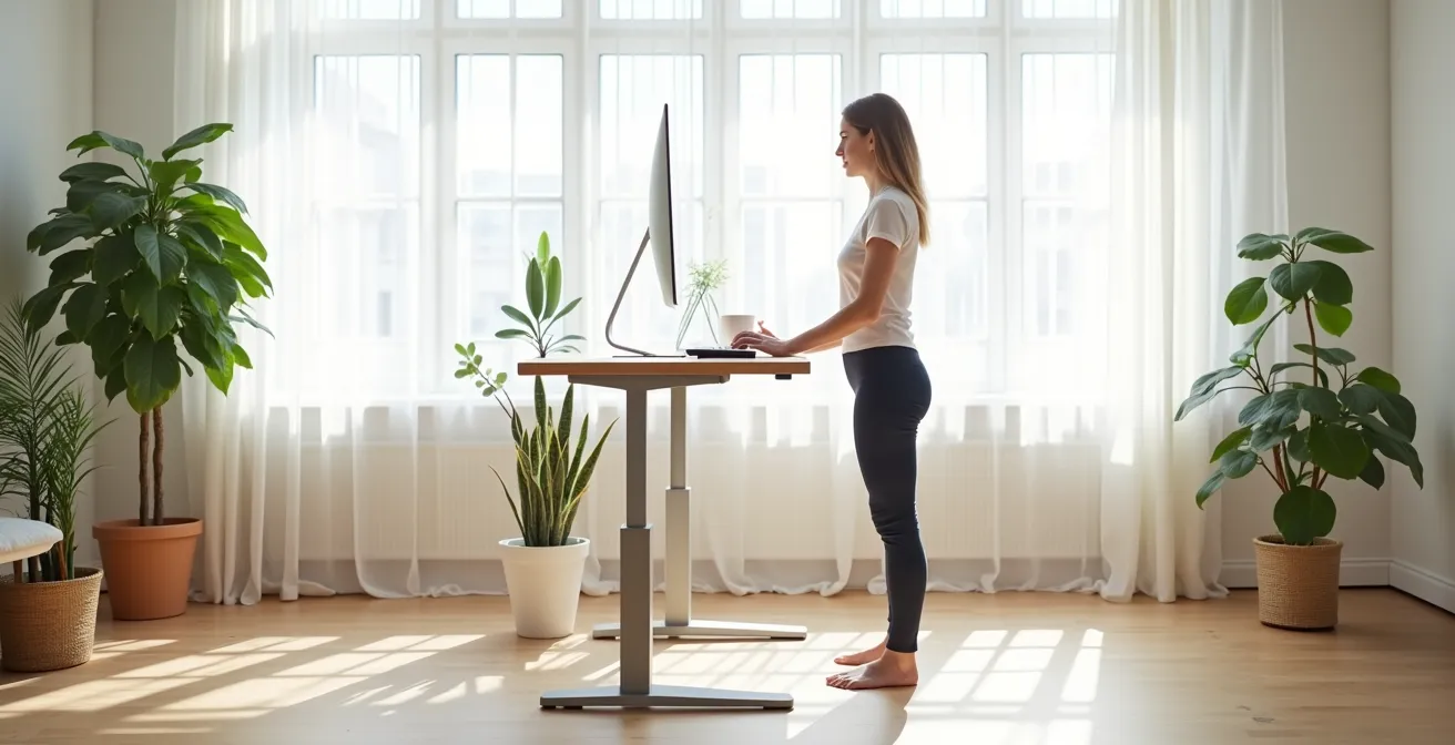 Vue large d'un espace de travail minimaliste avec personne en posture alignée devant bureau épuré